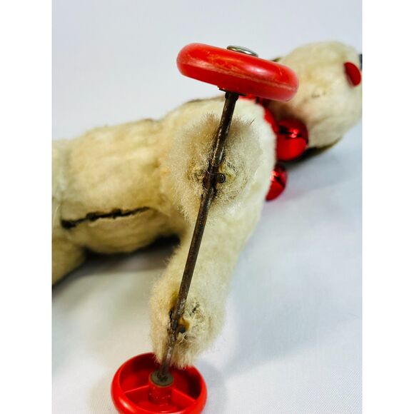 VINTAGE WIRE FOX TERRIER DOG CHILD'S PULL TOY CLOTH FUR BODY ON WHEELS - Picture 4 of 11